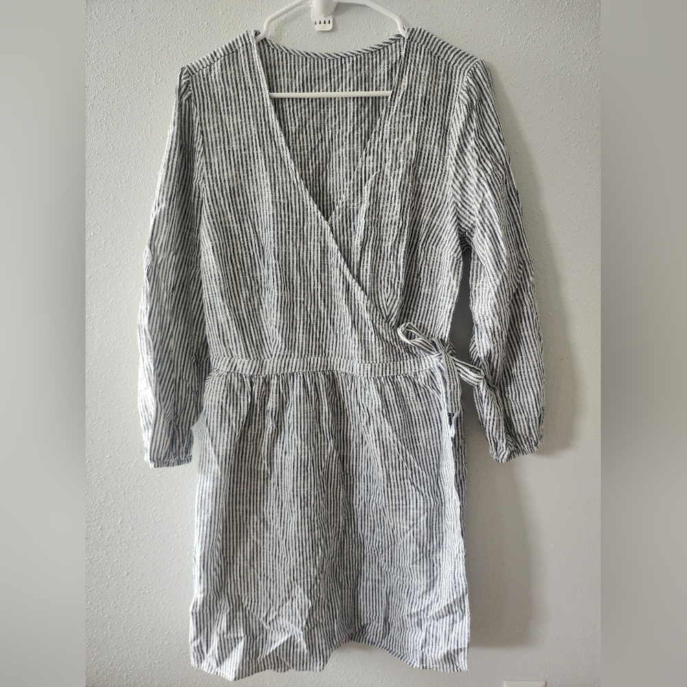 Cotton wrap dress, black and white stripe.  Size L